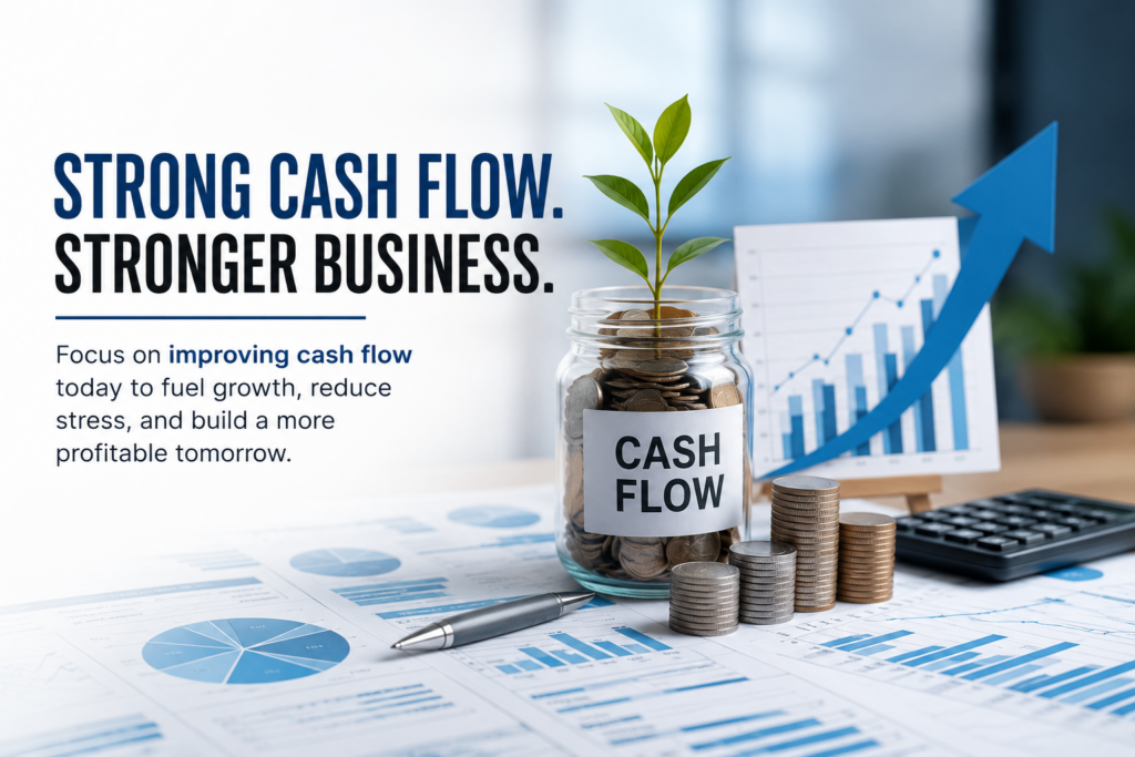 Business cash flow graphic showing a financial dashboard, growth chart and the benefits of healthy cash flow.