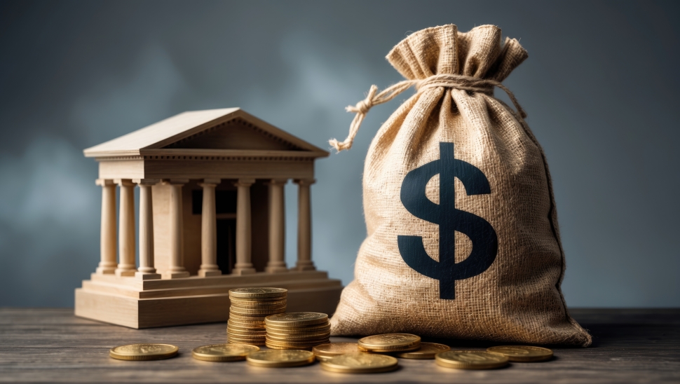 Small business bank loan concept with a bank building, money bag, and stacks of coins.