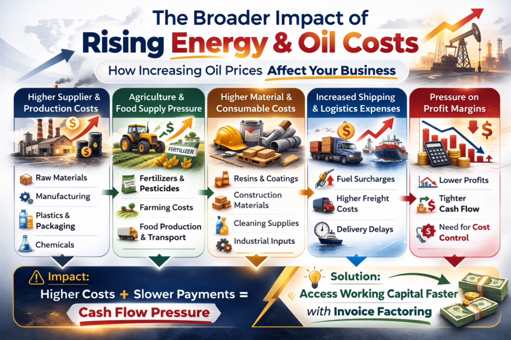 Infographic explaining the impact of rising oil and energy costs on small businesses, including supply chain costs, materials, shipping expenses, and cash flow pressure