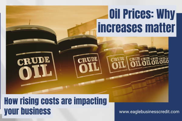 Graphic showing crude oil barrels with headline about rising oil prices and how increasing costs impact businesses and cash flow